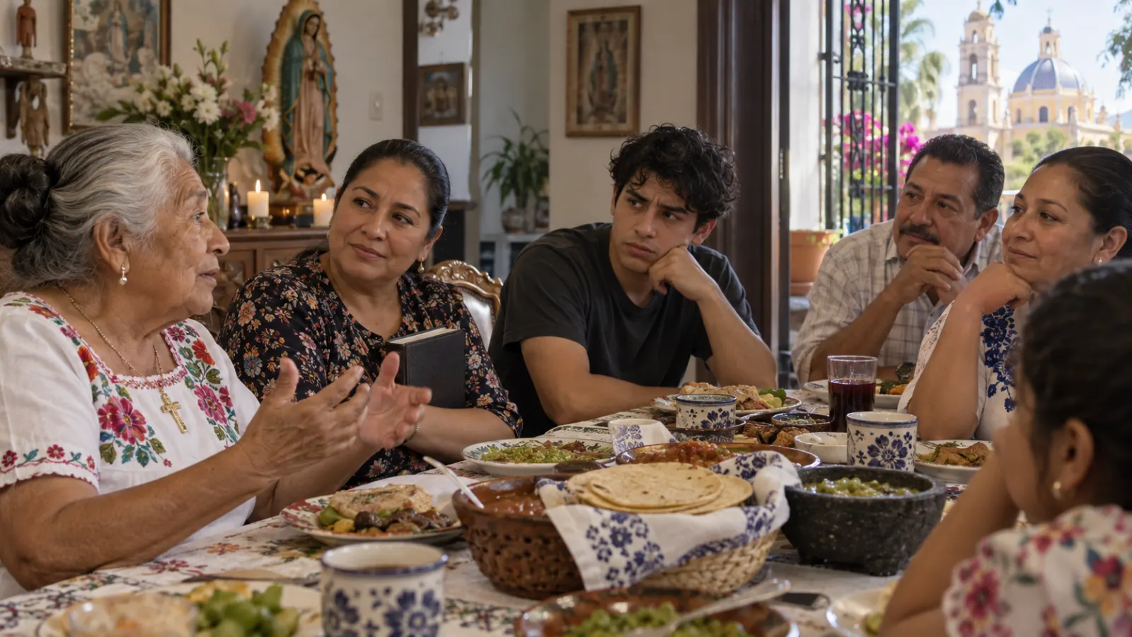 Una familia mexicana conversa con respeto a pesar de sus diferencias religiosas.