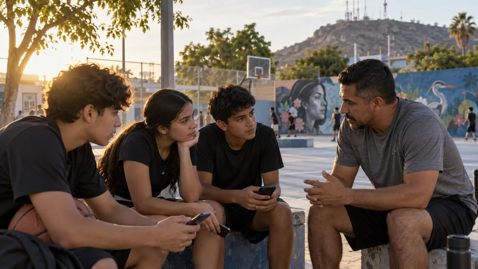 Adolescentes conversan con un mentor sobre imágenes de poder antes de entrenar.