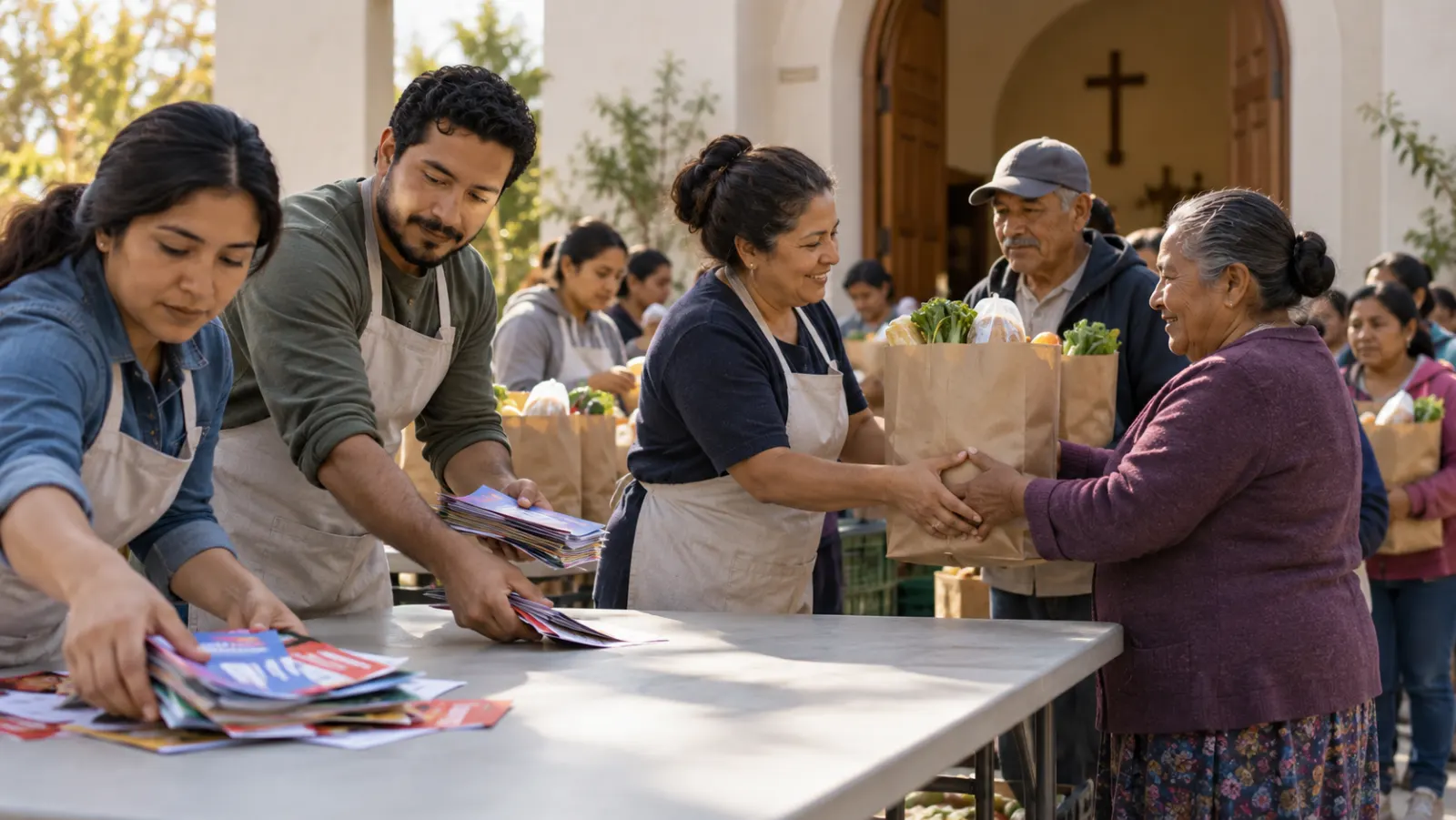 Voluntarios mantienen una distribución de alimentos libre de propaganda y condiciones.
