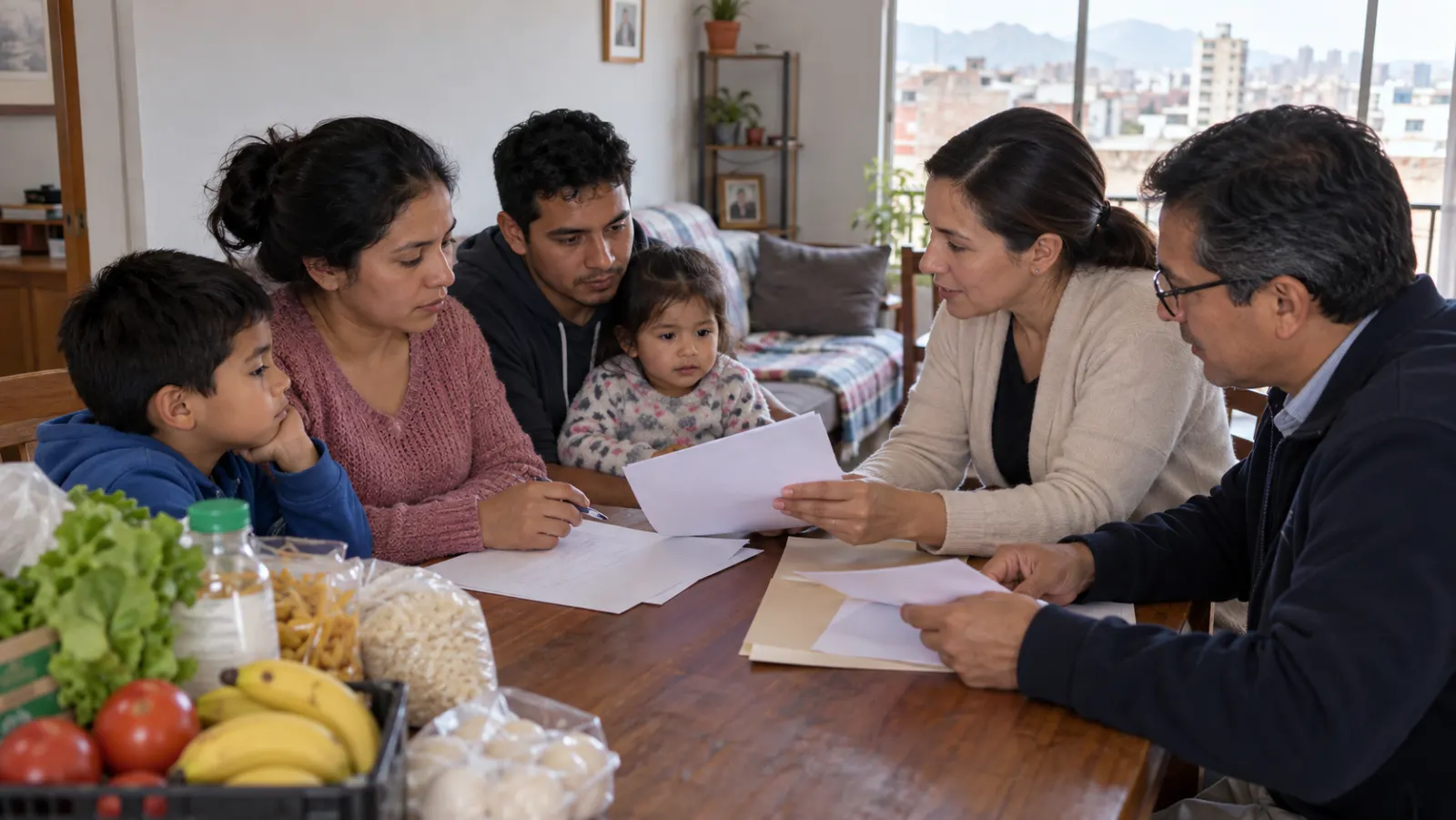 Una familia migrante recibe compañía e información confiable durante una larga espera administrativa.