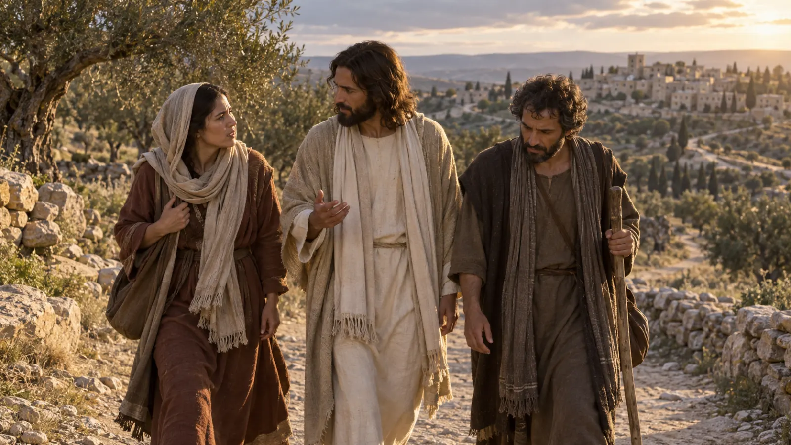Dos discípulos caminan con Jesús hacia Emaús mientras conversan al final de la tarde.