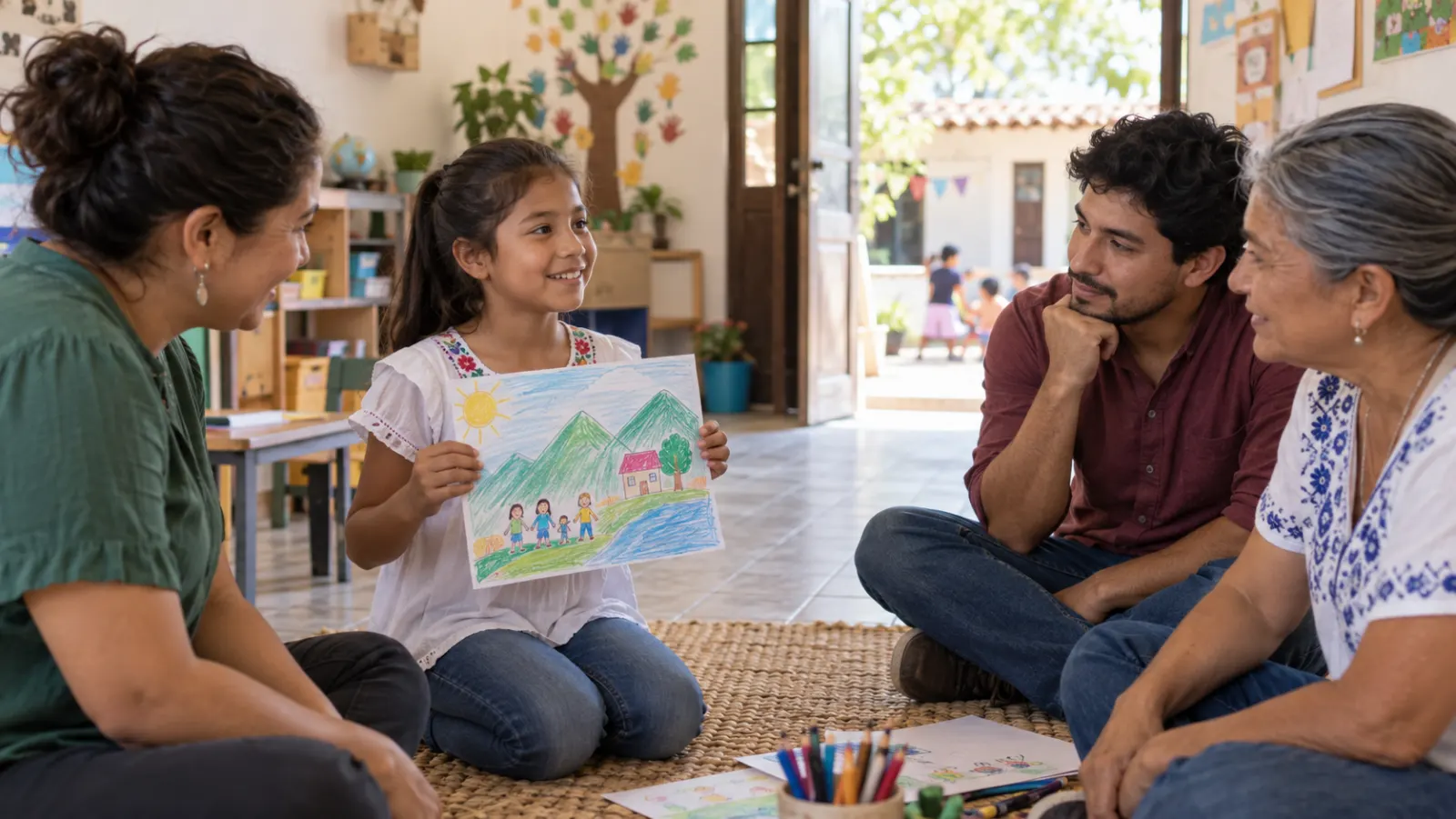 Una niña participa en una conversación comunitaria mientras varios adultos la escuchan a su altura.