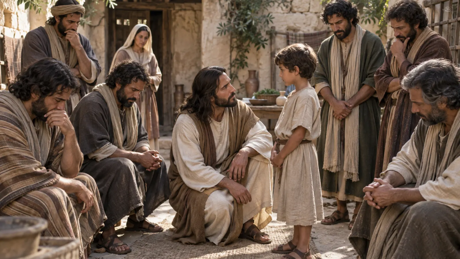 Jesús recibe con respeto a un niño en el centro de un grupo de discípulos sorprendidos.