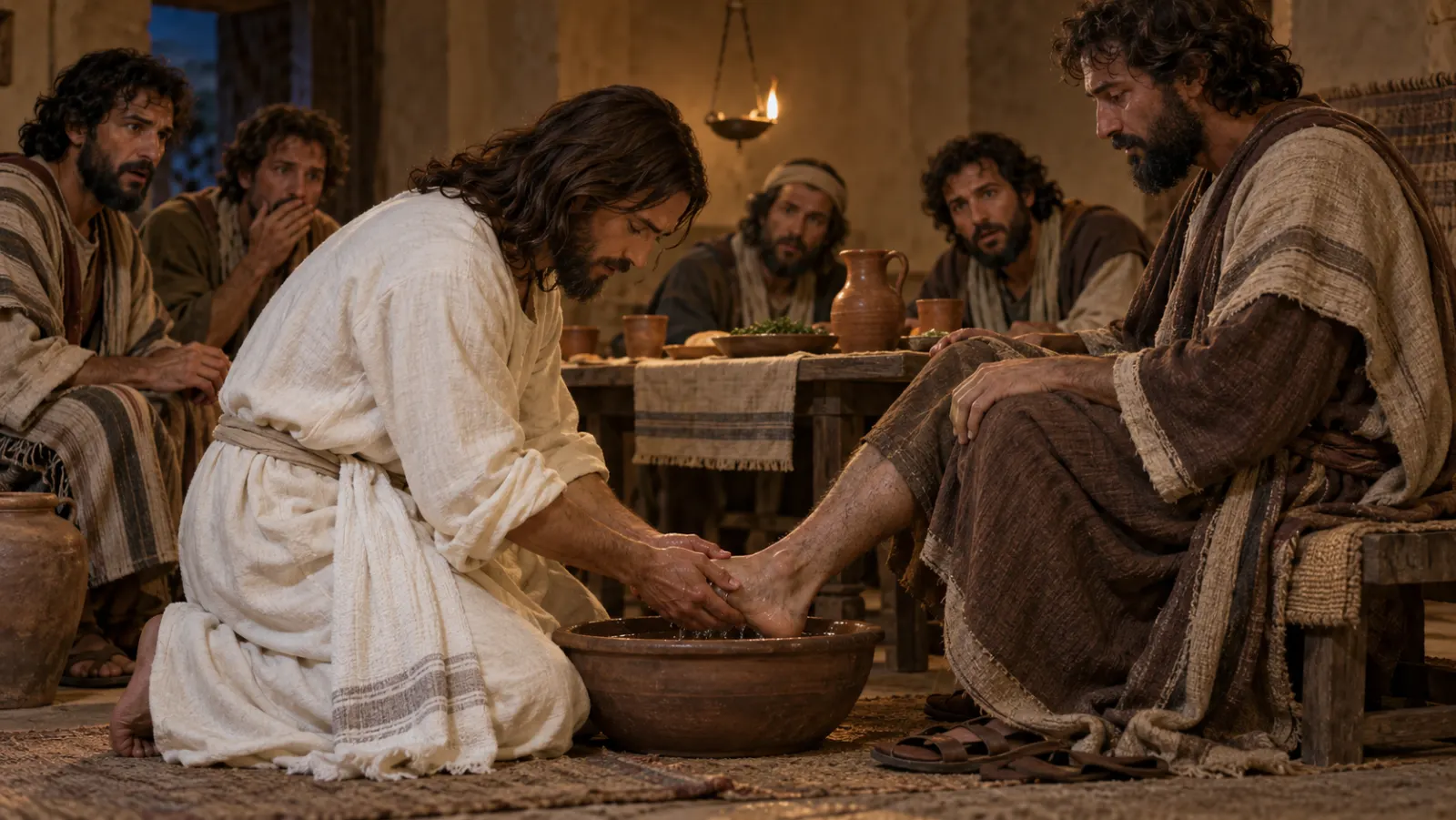 Jesús lava cuidadosamente los pies de un discípulo mientras el resto observa alrededor de la cena.
