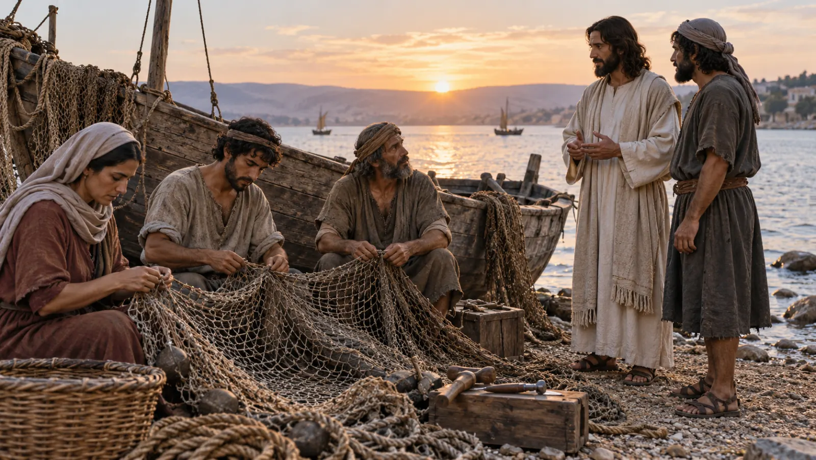 Pescadores galileos reparan redes familiares junto a una barca mientras Jesús los llama desde la orilla.
