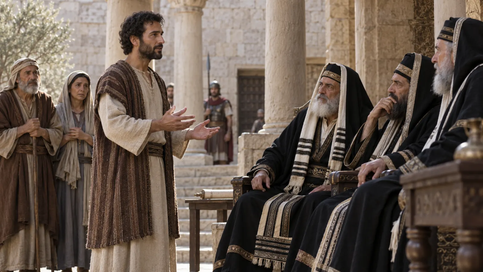 El hombre que recibió la vista habla con firmeza ante líderes religiosos mientras sus padres esperan al fondo.