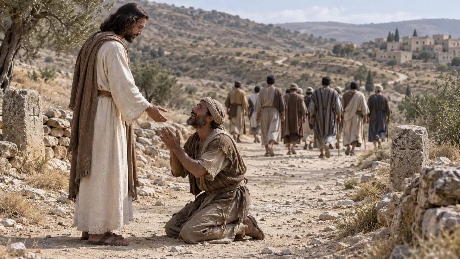 Un hombre samaritano regresa por un camino fronterizo y se arrodilla agradecido ante Jesús mientras otros continúan a la distancia.
