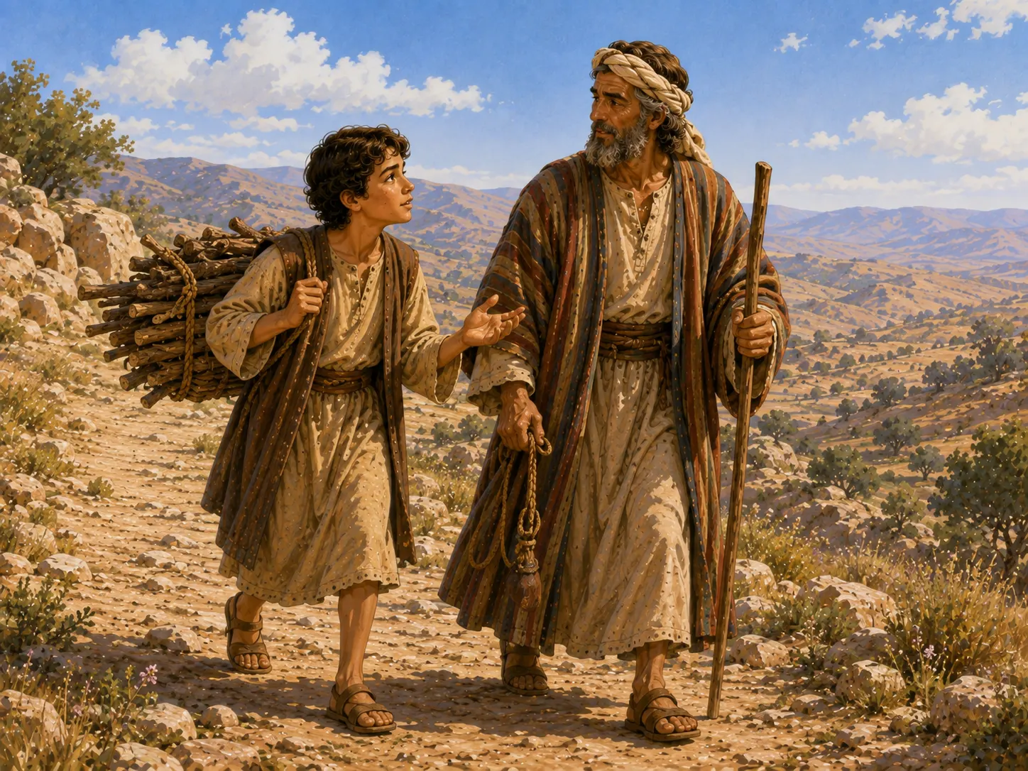 Isaac lleva la leña mientras camina junto a Abraham por un sendero de montaña y le hace una pregunta.
