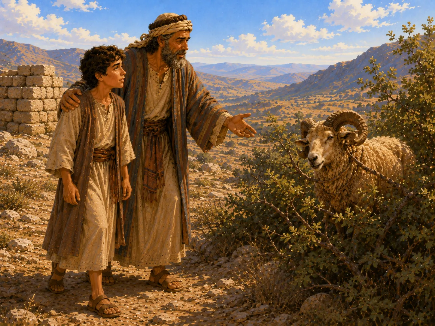 Abraham e Isaac miran con alivio hacia un carnero vivo atrapado por los cuernos en unos arbustos cercanos.