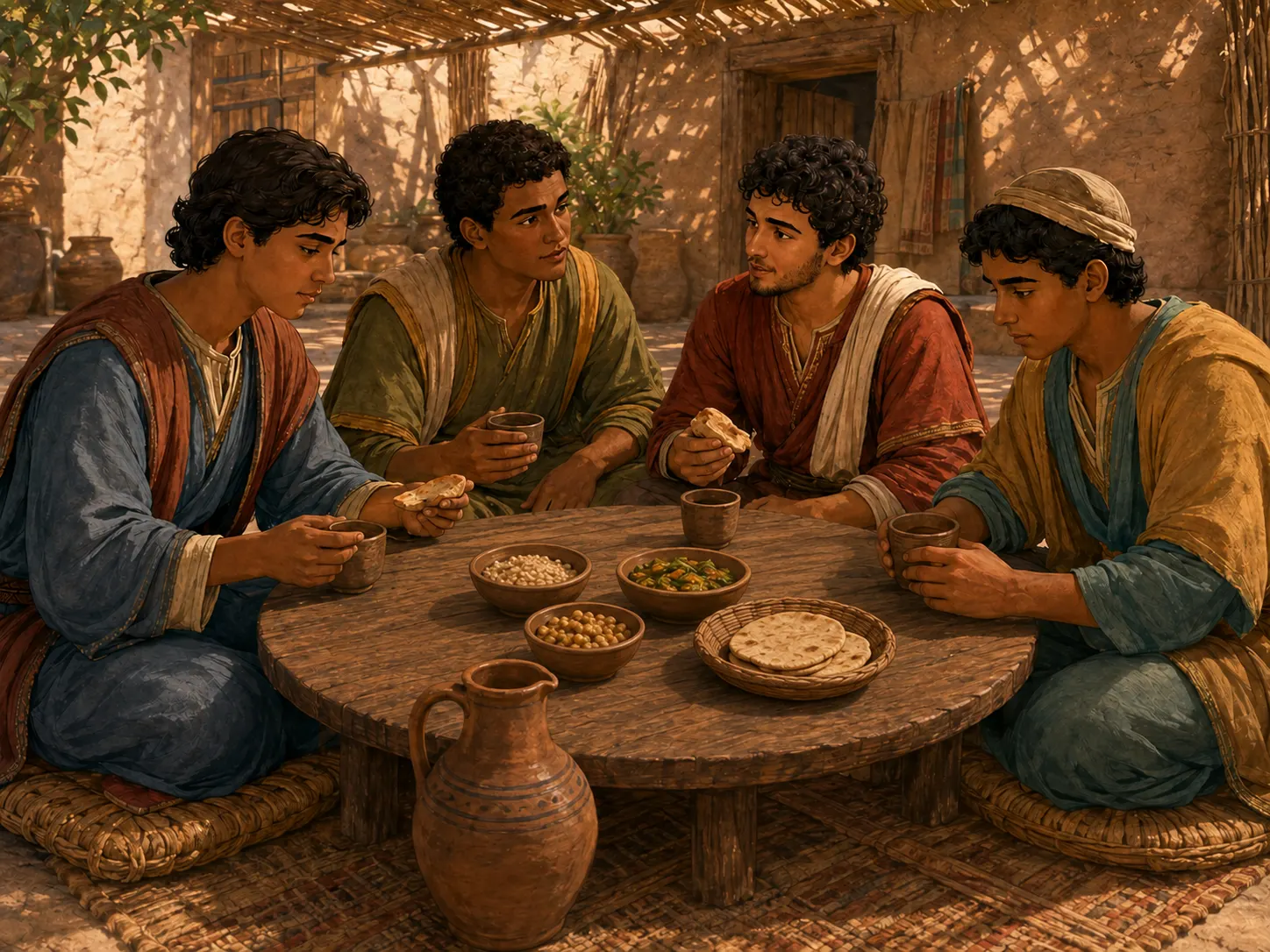 Daniel y sus amigos comparten la comida sencilla que reciben durante su formación en Babilonia.