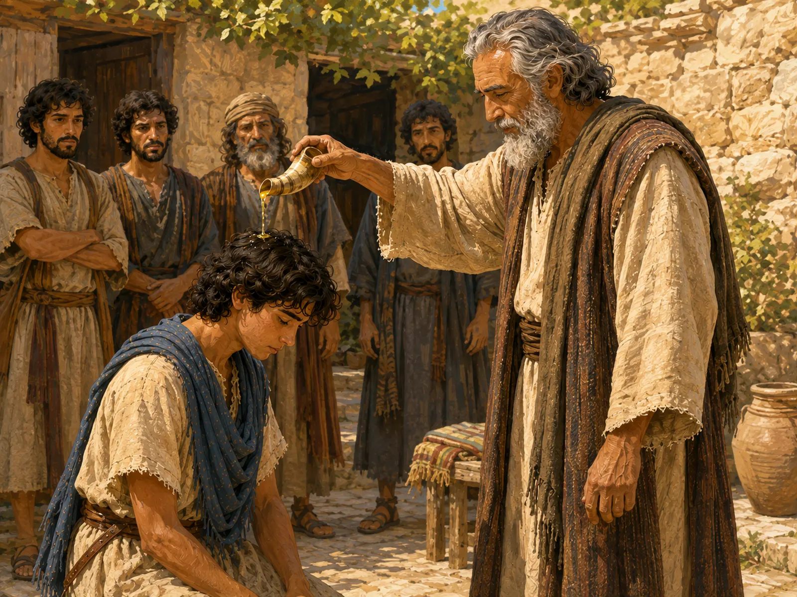 Samuel unge al joven David mientras Isaí y los hermanos de David observan en silencio.