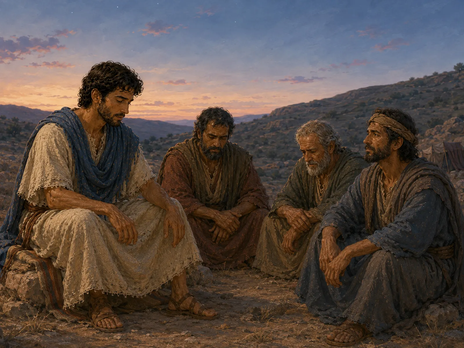 David y varios compañeros se sientan en silencio mientras lloran a Saúl y a Jonatán.