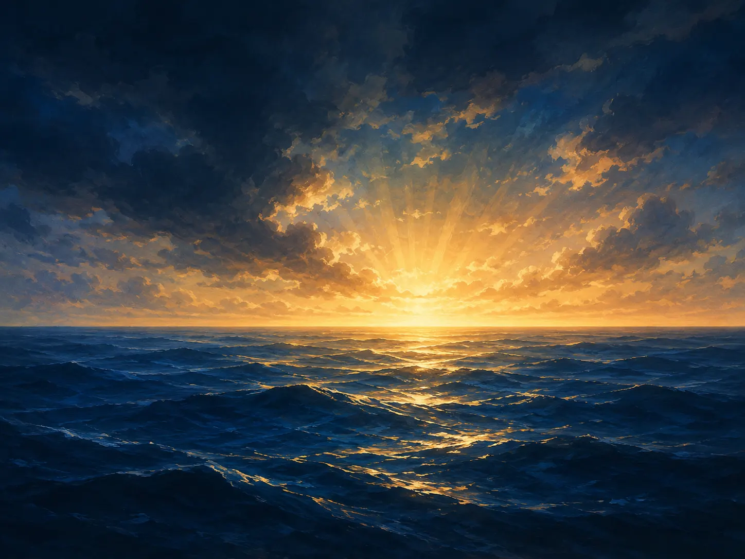 Golden light breaks across deep blue waters beneath a wide, dramatic sky.