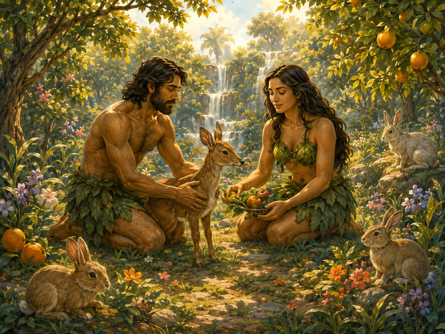 The first man and woman gently care for animals together in a lush garden.
