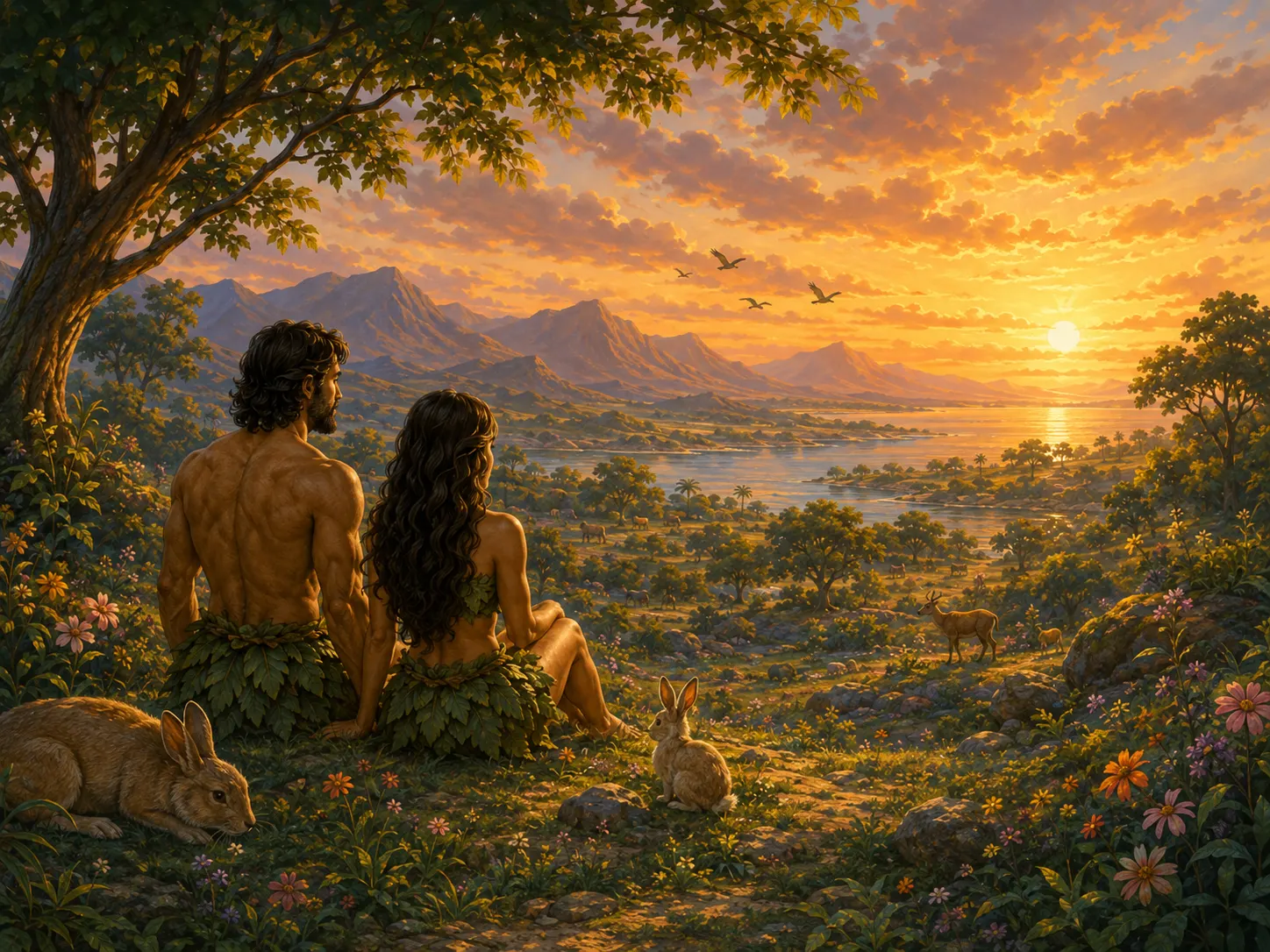 The first man and woman rest beneath a tree and look across the peaceful world at sunset.