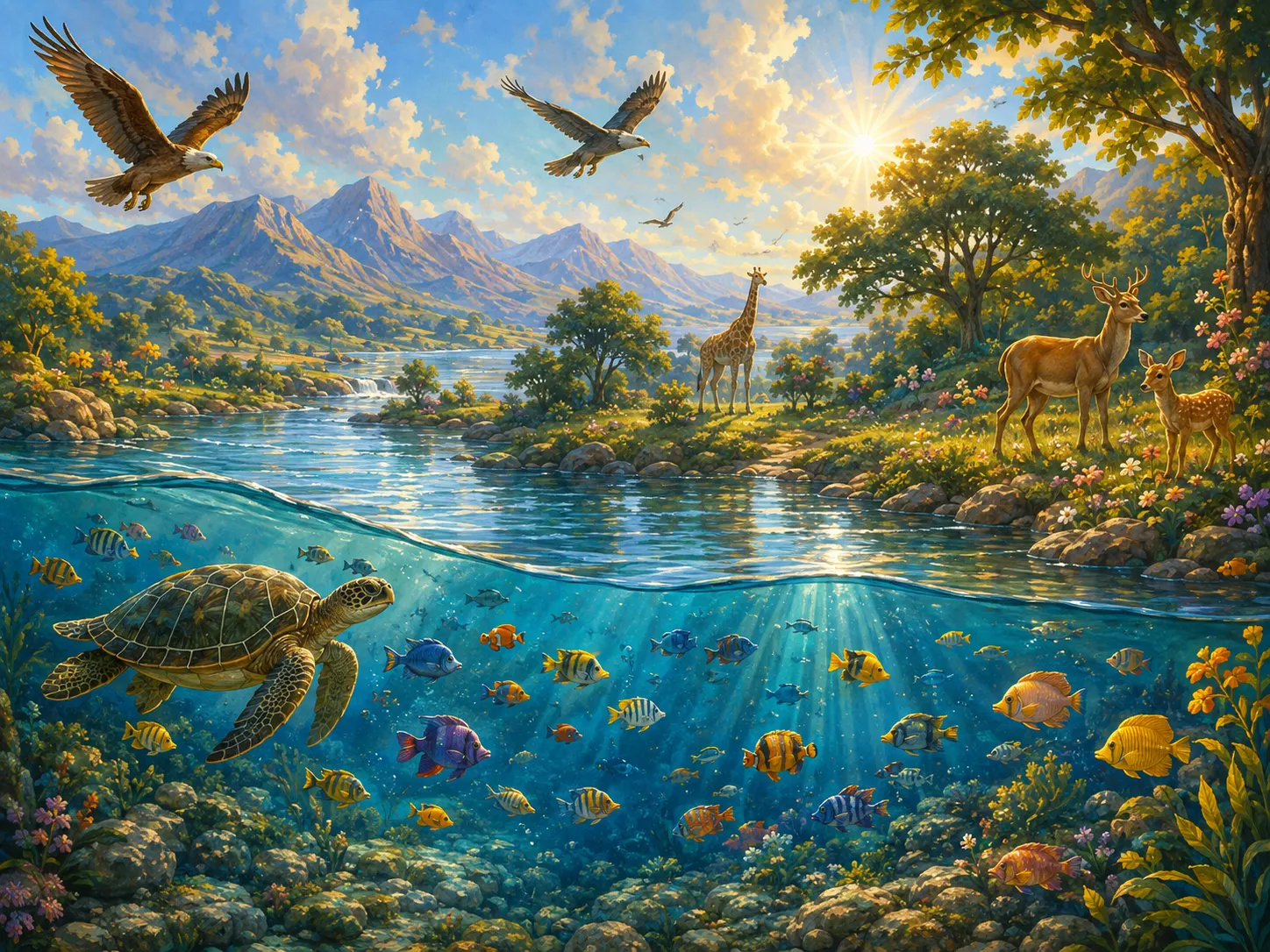 Birds fly above a green landscape while fish and a sea turtle swim in clear water below.