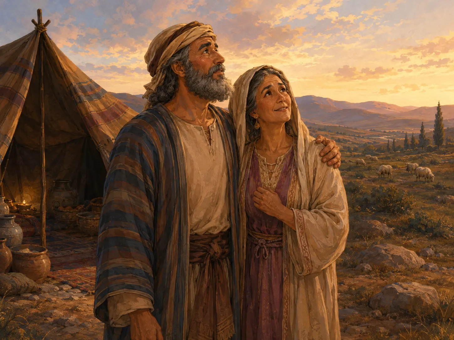 Abraham and Sarah stand beside their tent in a quiet moment as God renews His promise to them.