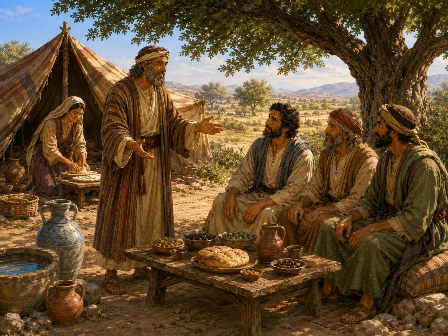 Abraham welcomes three travelers near his tent while Sarah helps prepare food nearby.