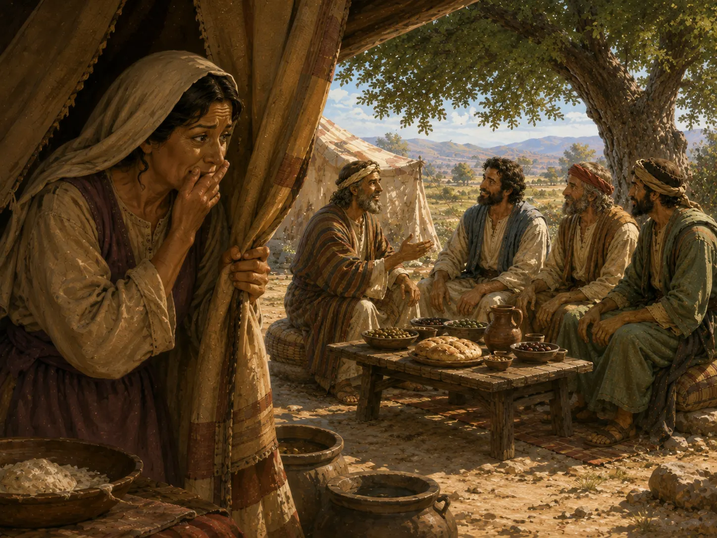 Sarah listens from the entrance of the tent with a surprised expression while Abraham and the visitors sit nearby.
