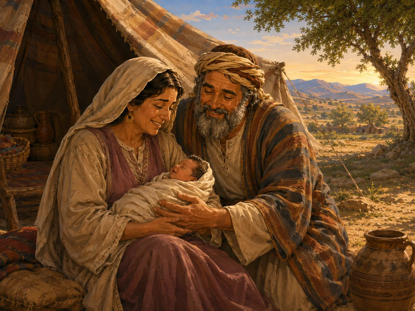 Abraham and Sarah joyfully hold their newborn son Isaac near their tent.