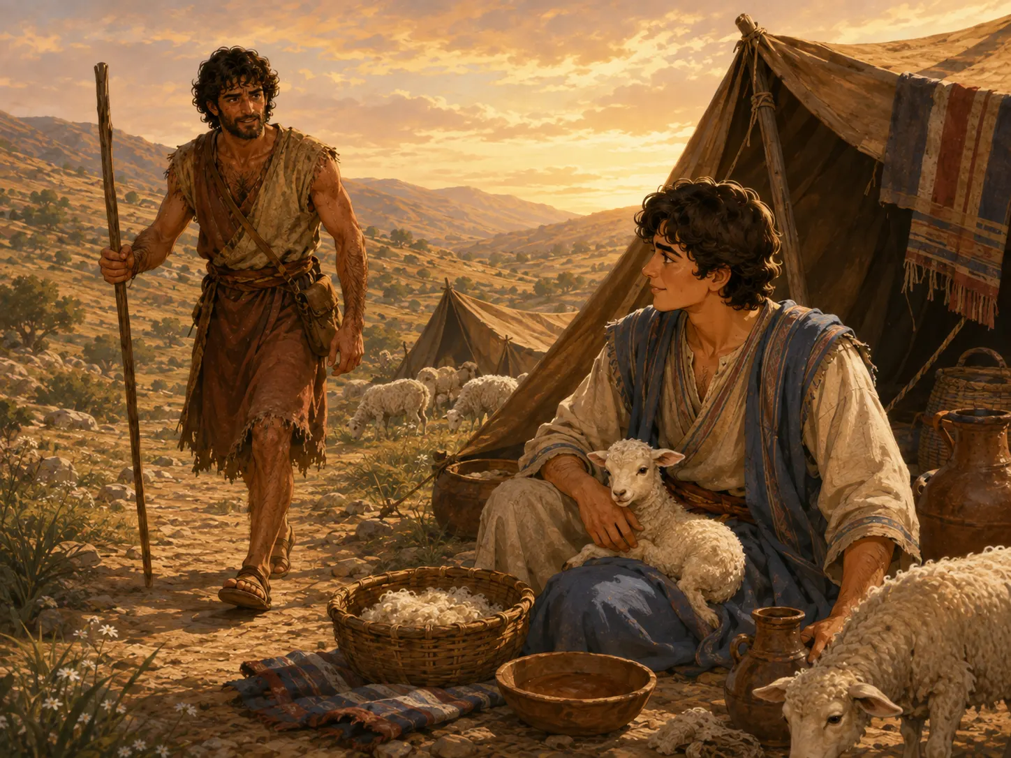 Esau returns from the open country while Jacob works near the family tents and sheep.