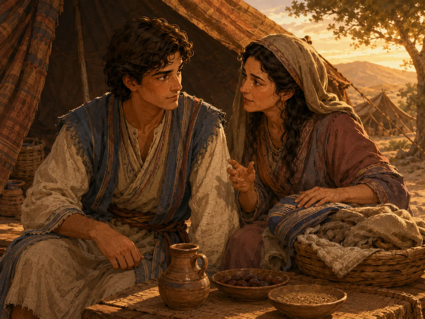 Rebekah quietly explains a plan to Jacob beside the family tent while food and clothing lie nearby.