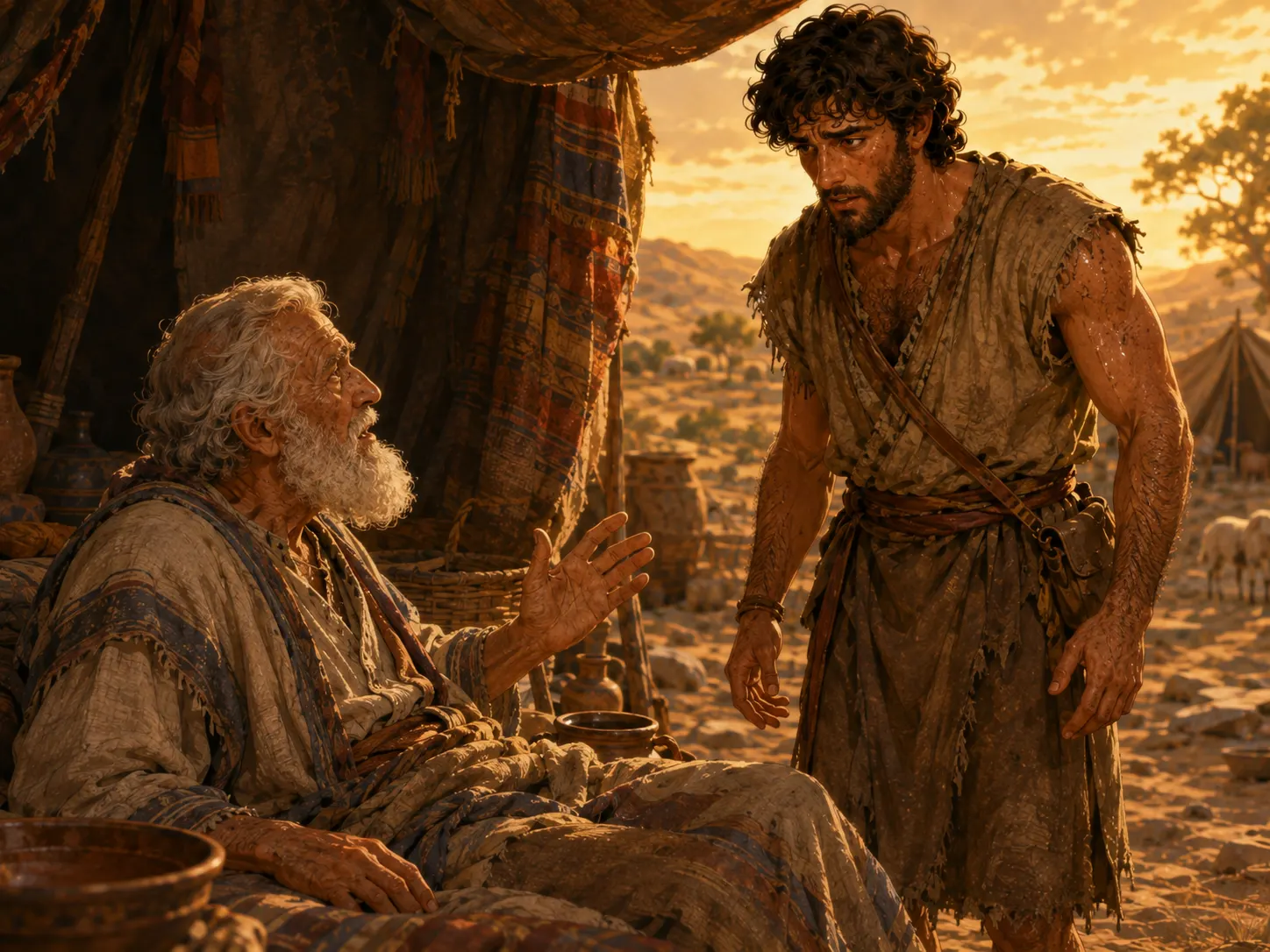 Esau stands before elderly Isaac and reacts with shock and sorrow after learning that the blessing has already been given.