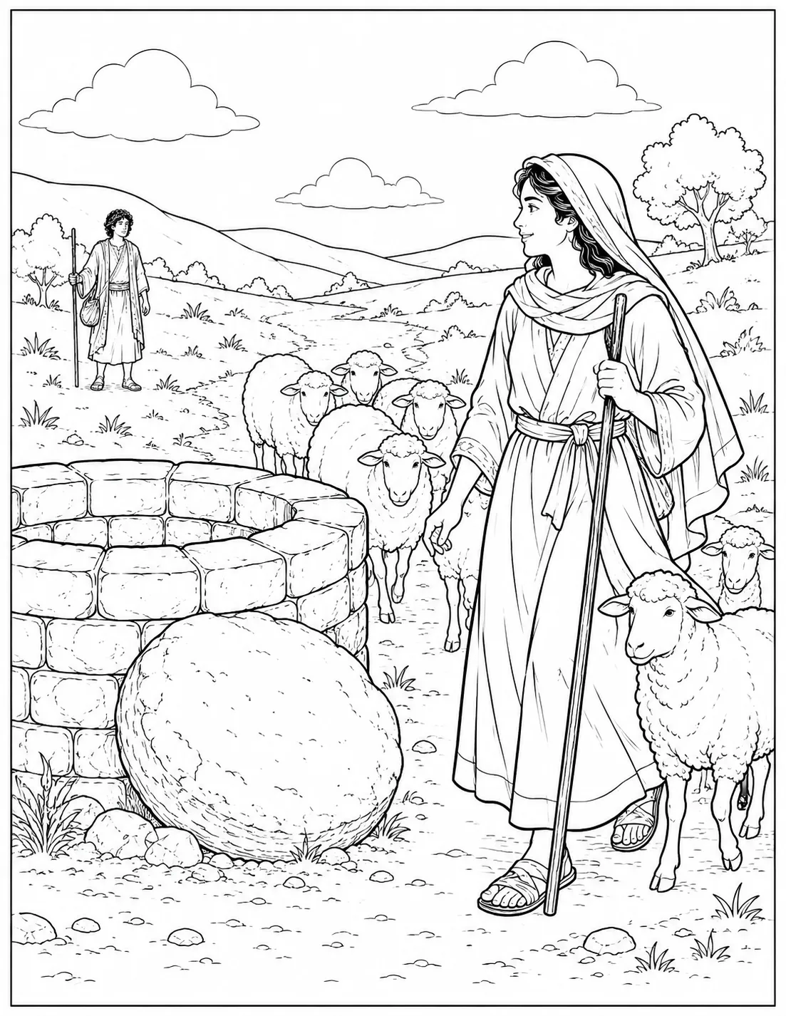 Raquel lleva las ovejas al pozo