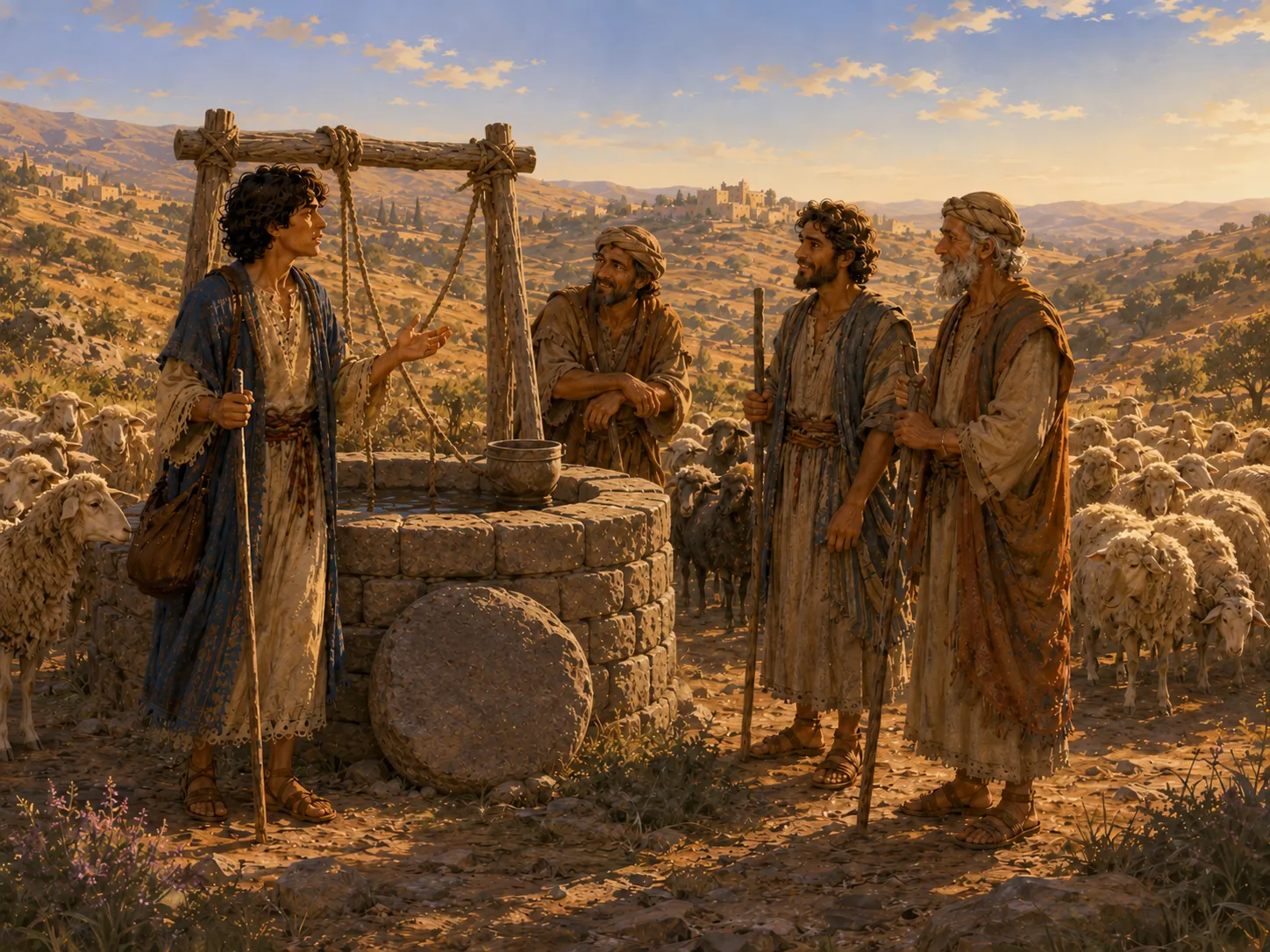Jacob habla con tres pastores diferentes junto a un pozo de piedra mientras tres rebaños descansan cerca.