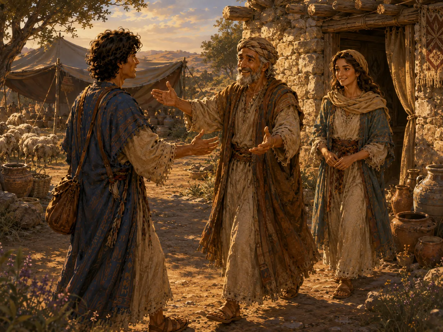 Labán recibe con calidez a Jacob cerca de la casa familiar mientras Raquel está cerca, bajo una suave luz del atardecer.