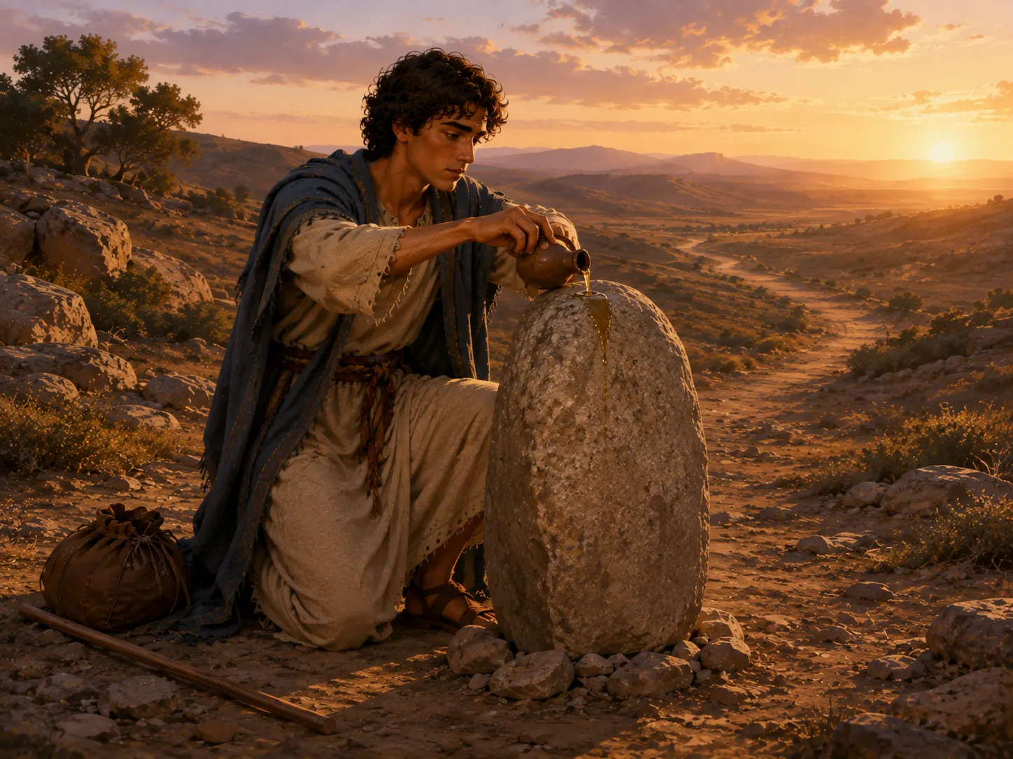 Jacob sets a stone upright at sunrise and pours a little oil onto it while the road toward Haran stretches into the distance.