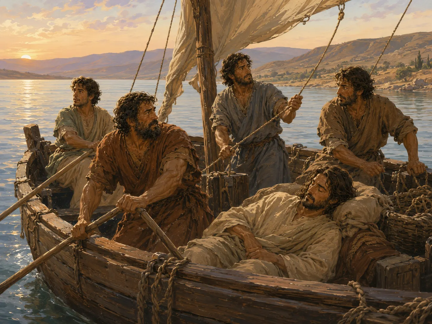 Jesus rests in a fishing boat while His disciples begin crossing the Sea of Galilee in calm evening weather.