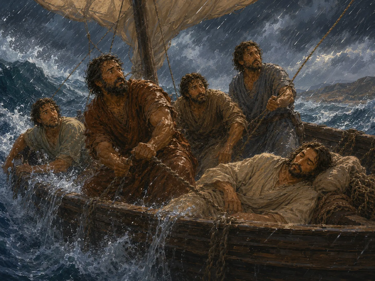 The disciples work together in a storm as waves splash into their fishing boat while Jesus sleeps nearby.
