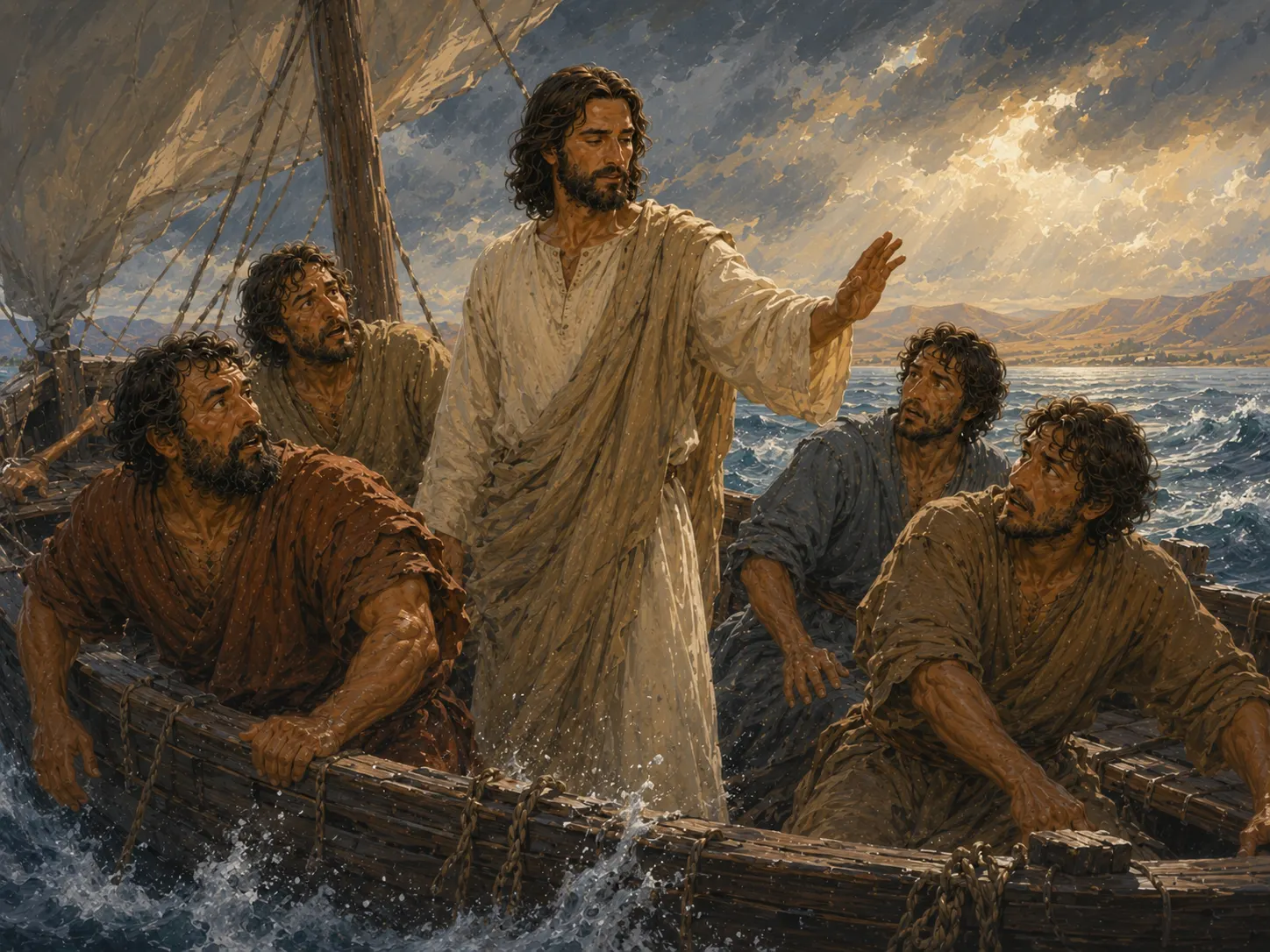Jesus stands in the boat and commands the storm as the disciples watch in amazement.