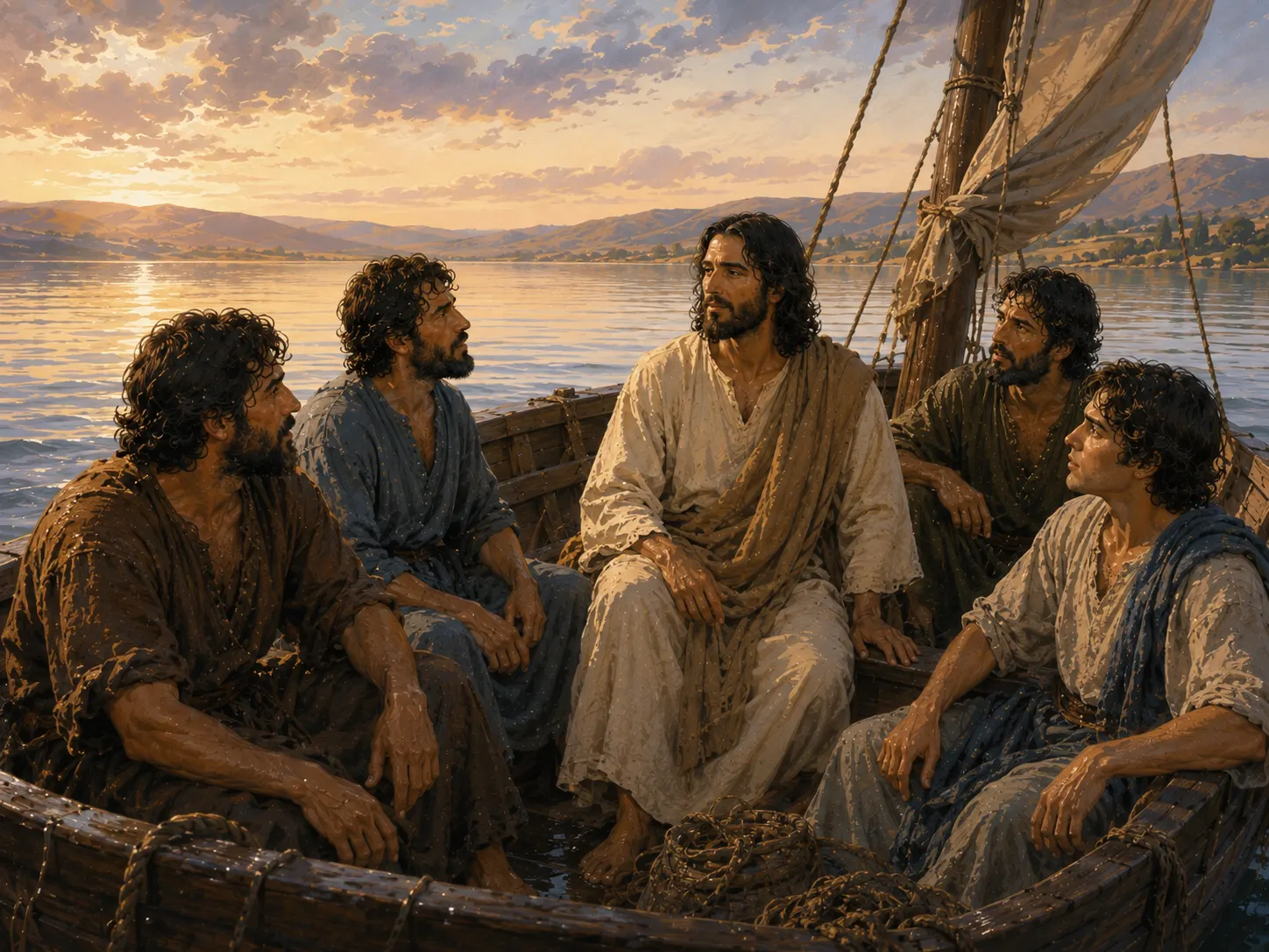 The disciples sit quietly in the boat after the storm as the calm lake reflects the clearing sky around Jesus.