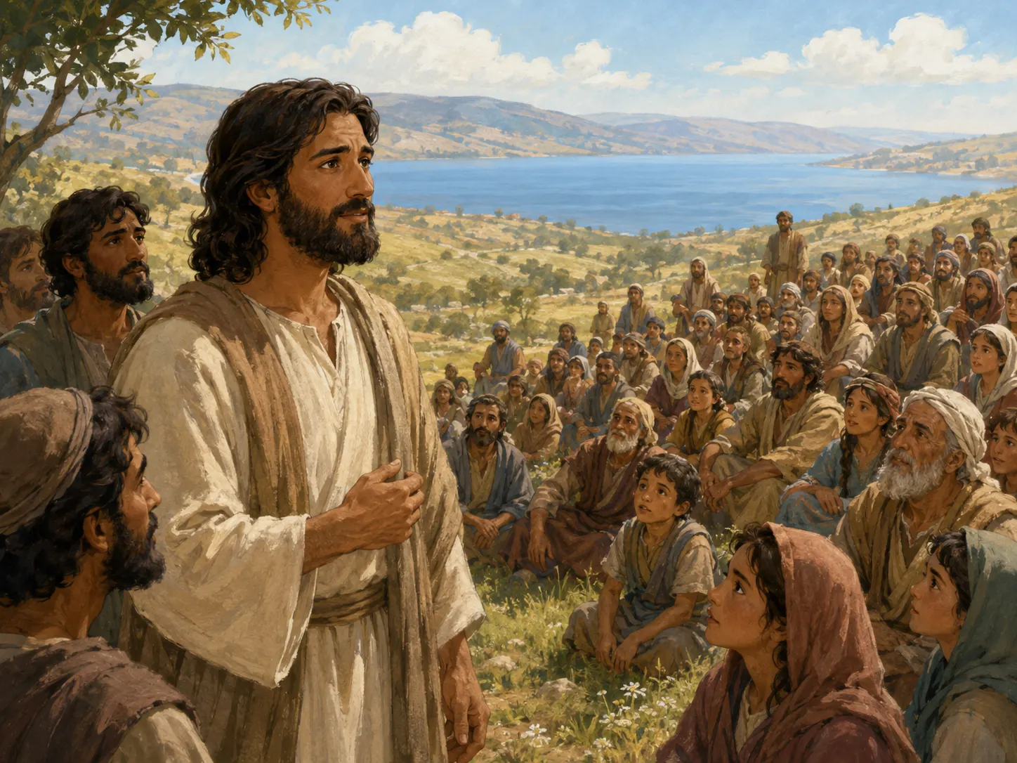 Jesús mira con compasión a las familias y a los adultos reunidos en la ladera para escucharlo enseñar.