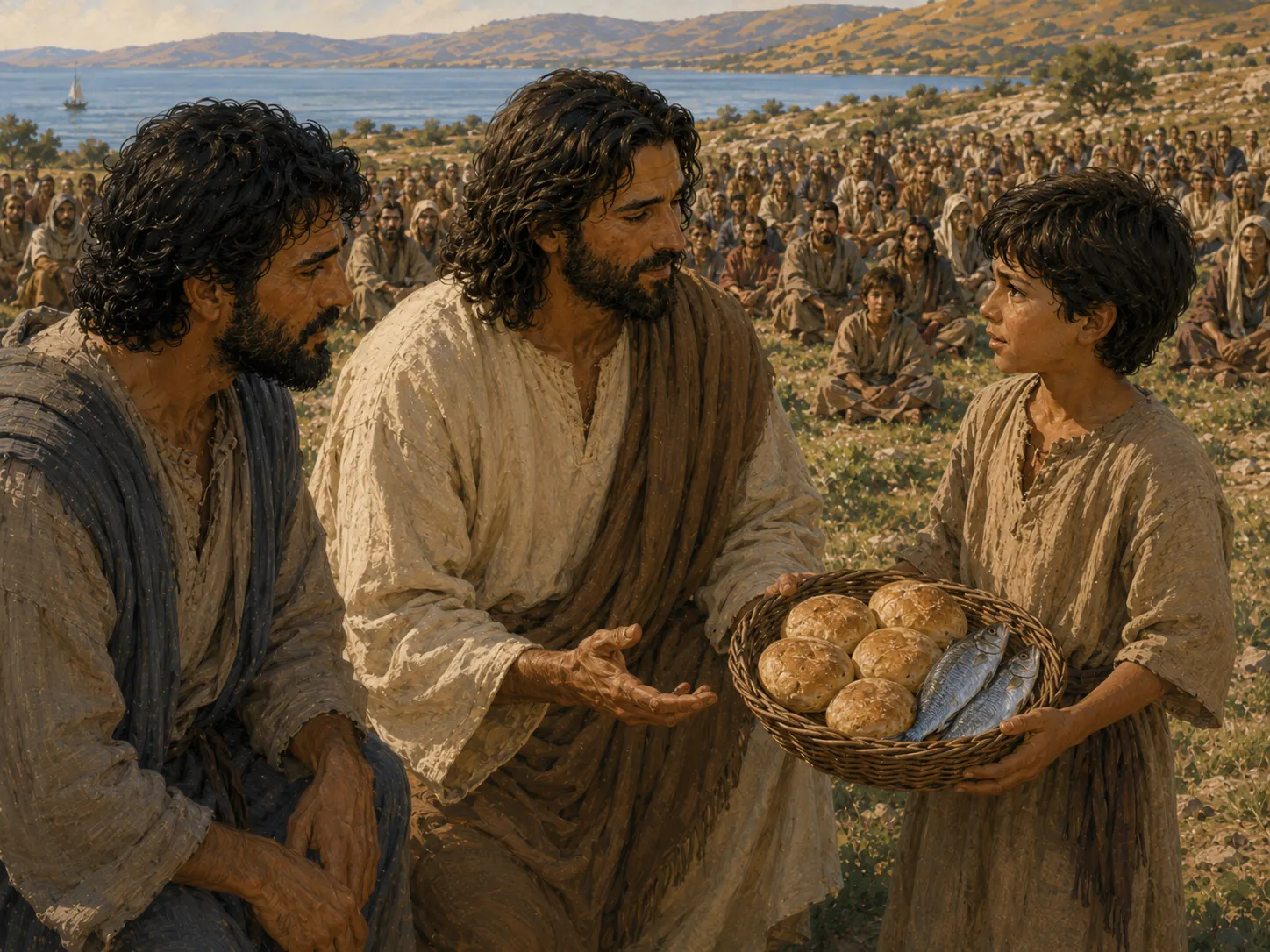 Andrés está de pie cerca de Jesús mientras un niño sostiene una pequeña canasta con cinco panes y dos peces.