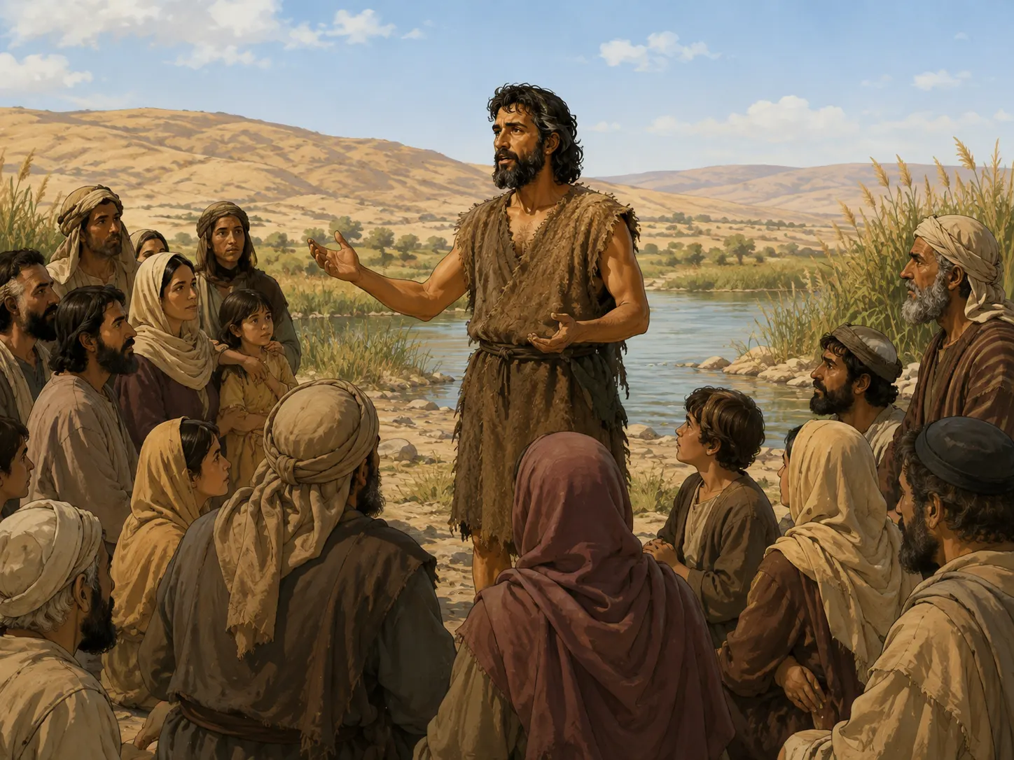 John the Baptist speaks seriously to families and adults gathered near the Jordan River.