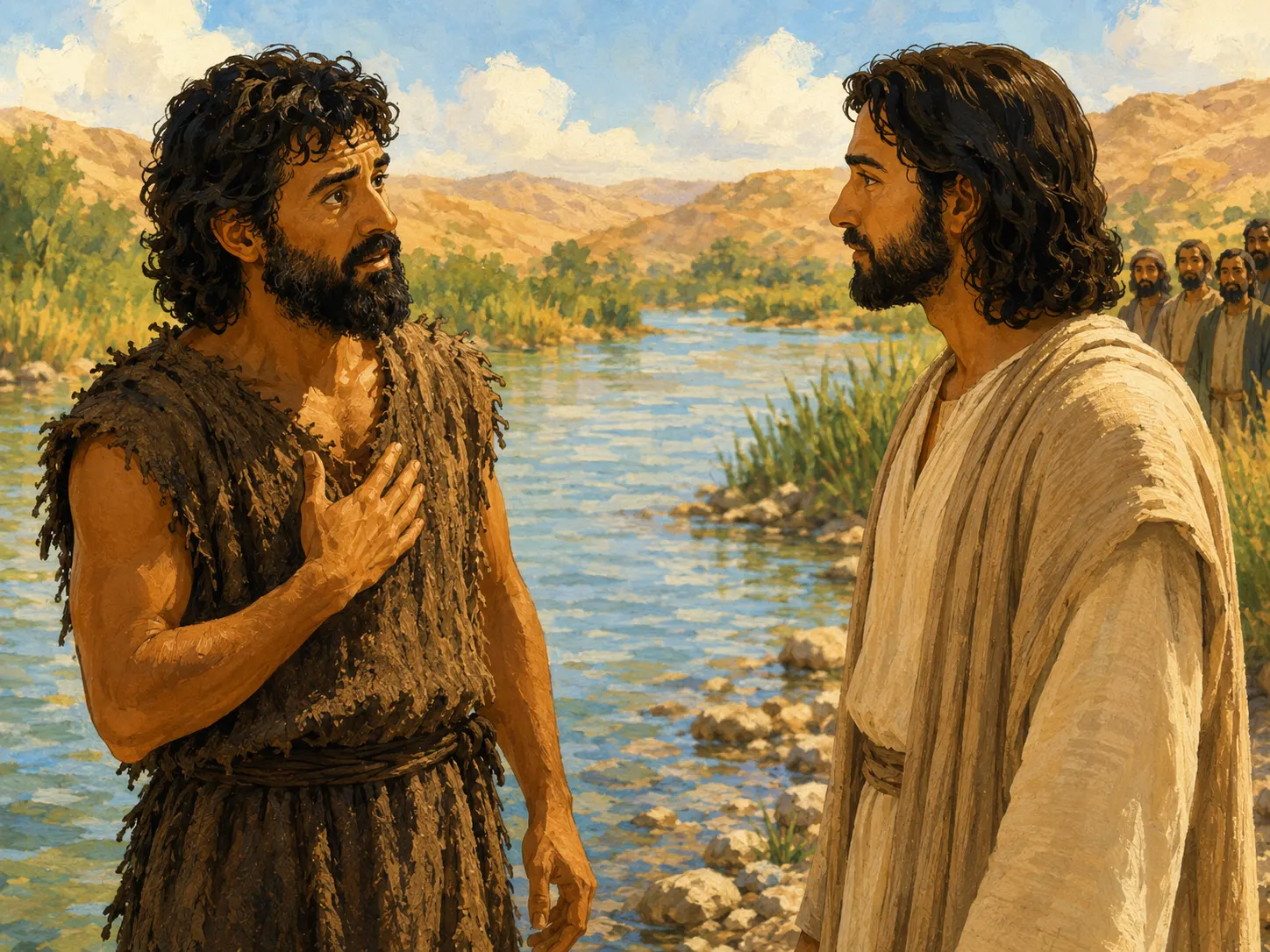 Jesus approaches John at the Jordan River as John looks at Him with surprise and seriousness.