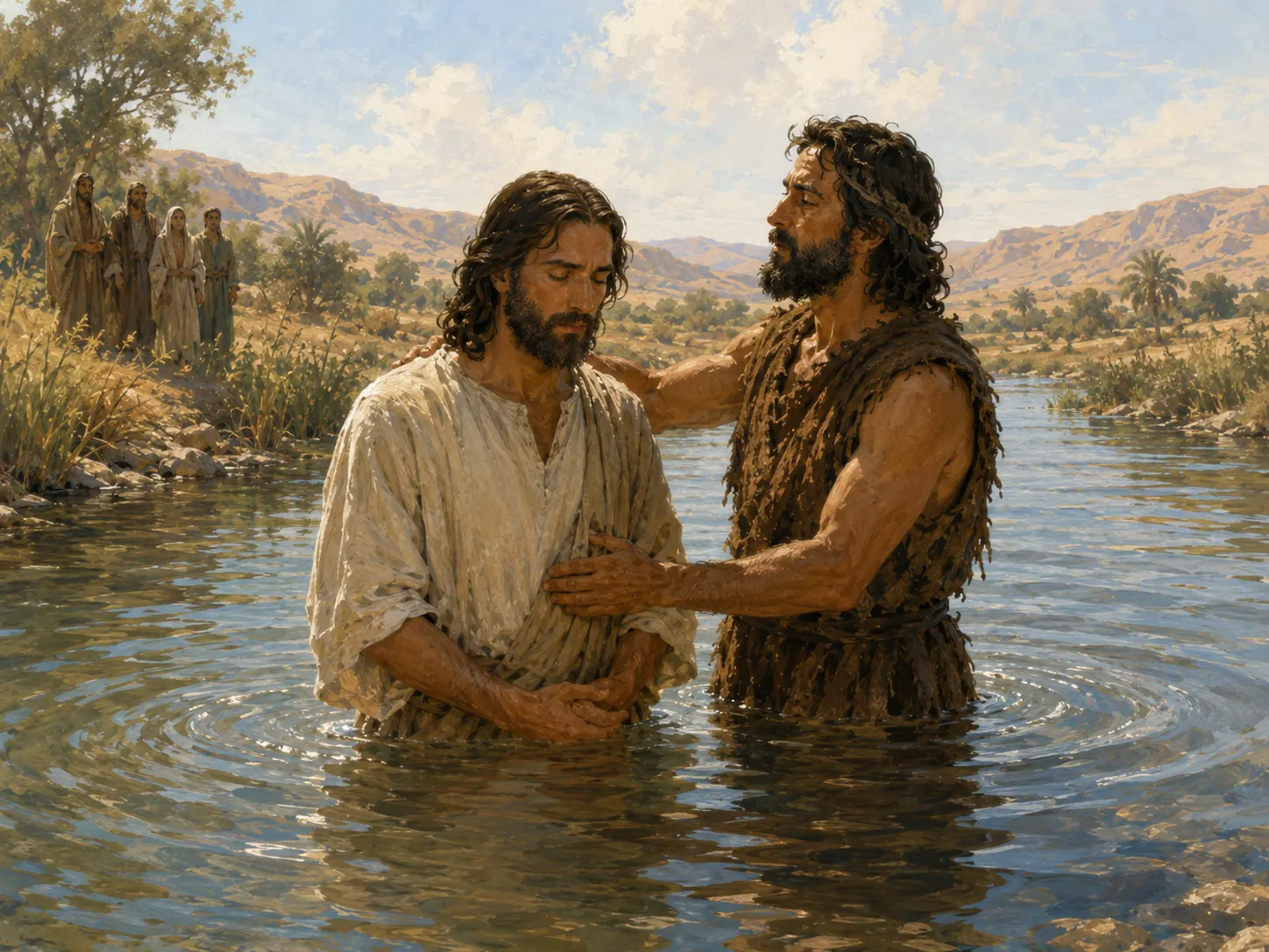 John carefully baptizes Jesus in the Jordan River while people watch from the bank.