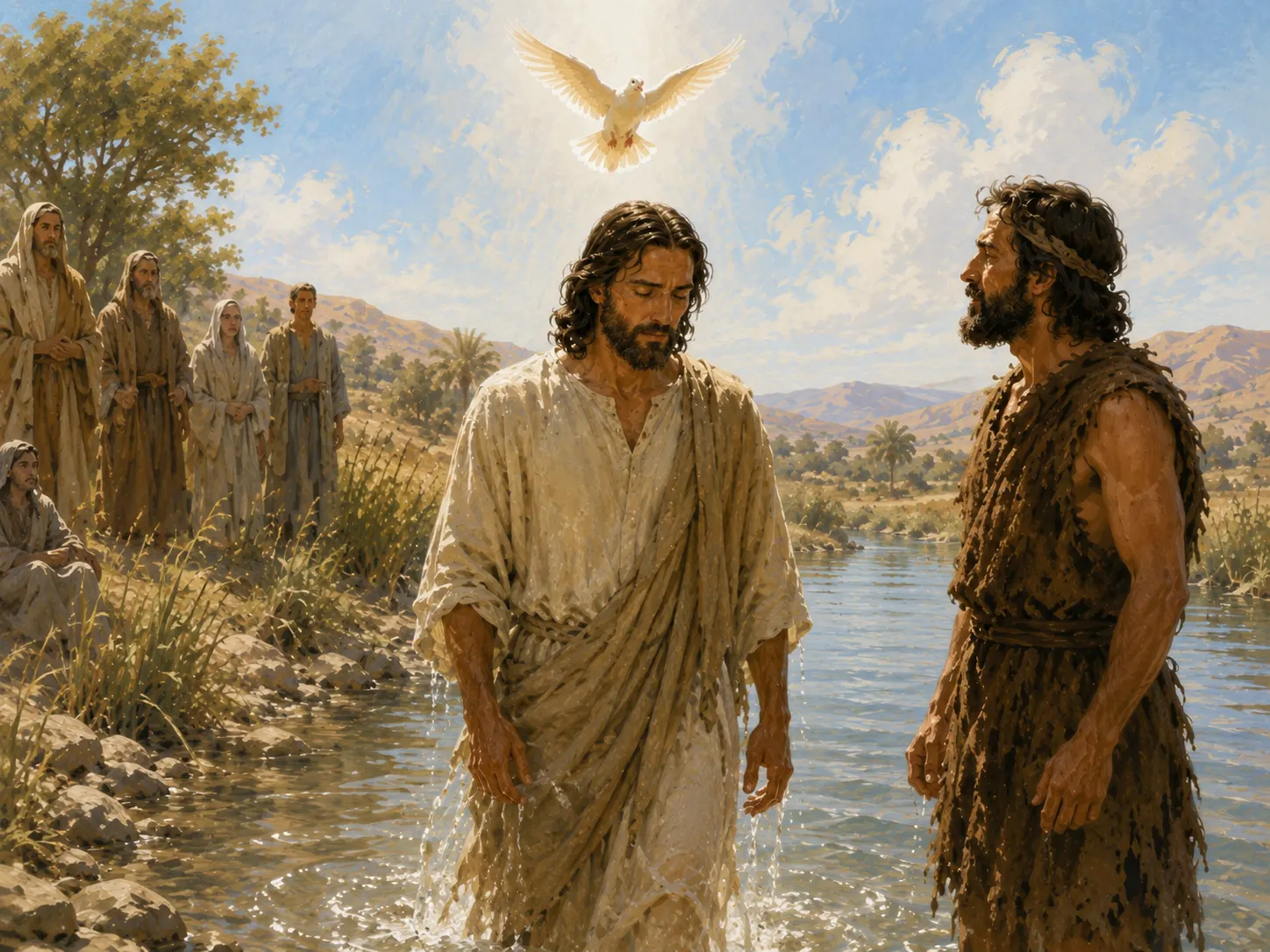 Jesus stands peacefully after His baptism as a dove descends and John and the crowd look on in awe.