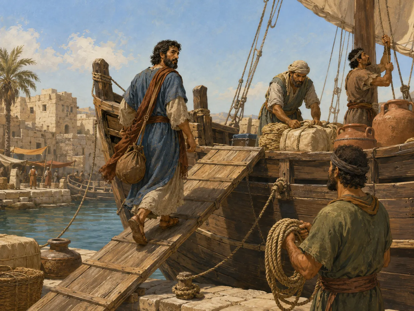 Jonás sube a un barco en Jope y se aleja de la tarea que Dios le dio.