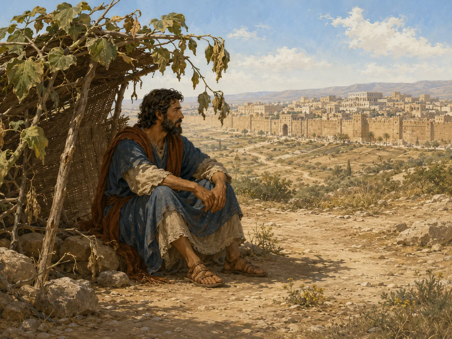 Jonás está sentado fuera de Nínive mientras Dios le enseña sobre la compasión por la ciudad.