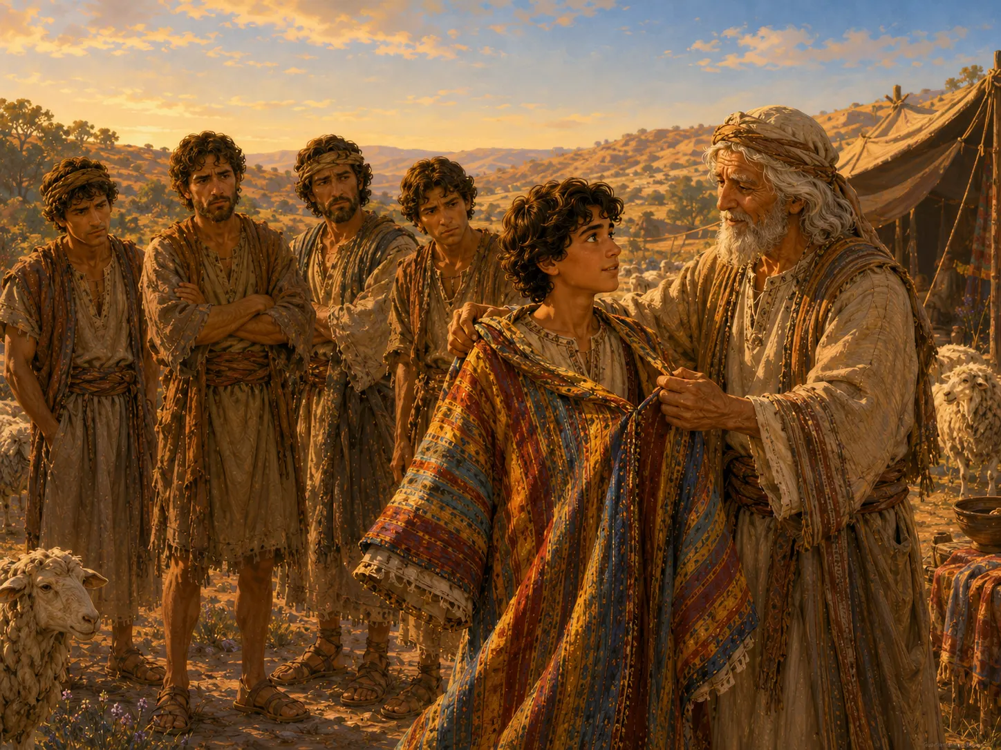 Jacob gives Joseph a distinctive special robe while several of Joseph’s brothers watch from nearby.