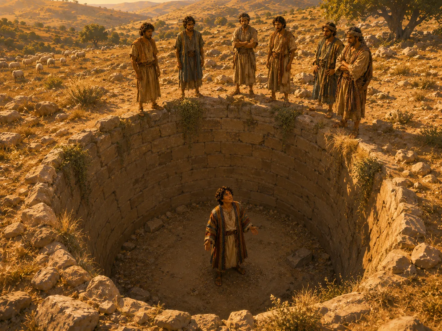 Joseph stands safely in a dry empty cistern and looks upward while his brothers remain some distance from the opening.