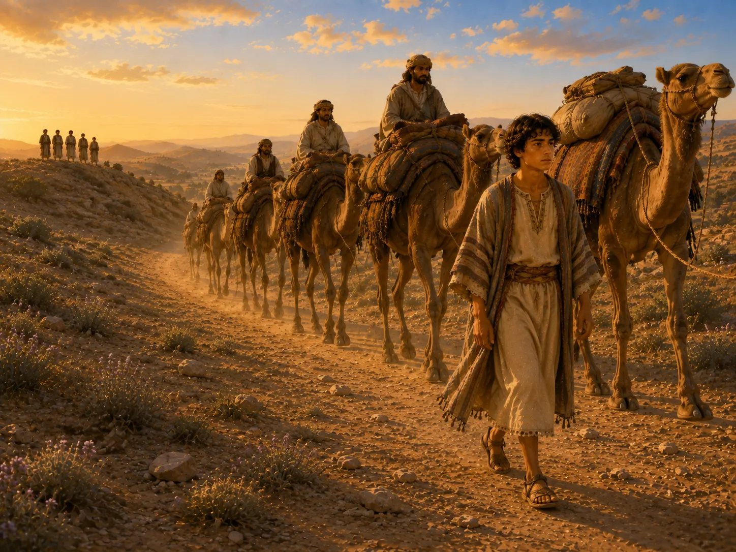 Joseph walks with a camel caravan along a desert road toward Egypt while his brothers remain far behind.