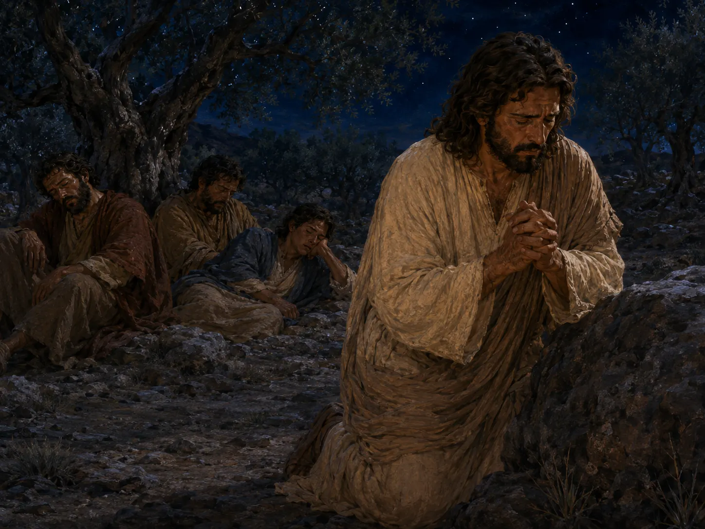 Jesús ora con tristeza entre los olivos mientras Pedro, Jacobo y Juan descansan cerca.