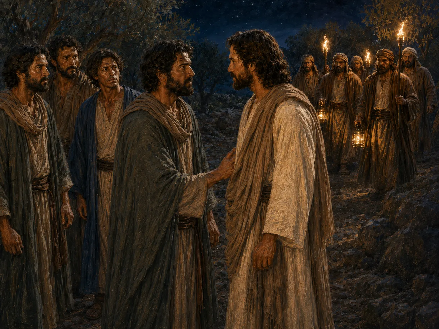 Judas se acerca a Jesús en el huerto mientras unos hombres con lámparas y antorchas esperan detrás de él.