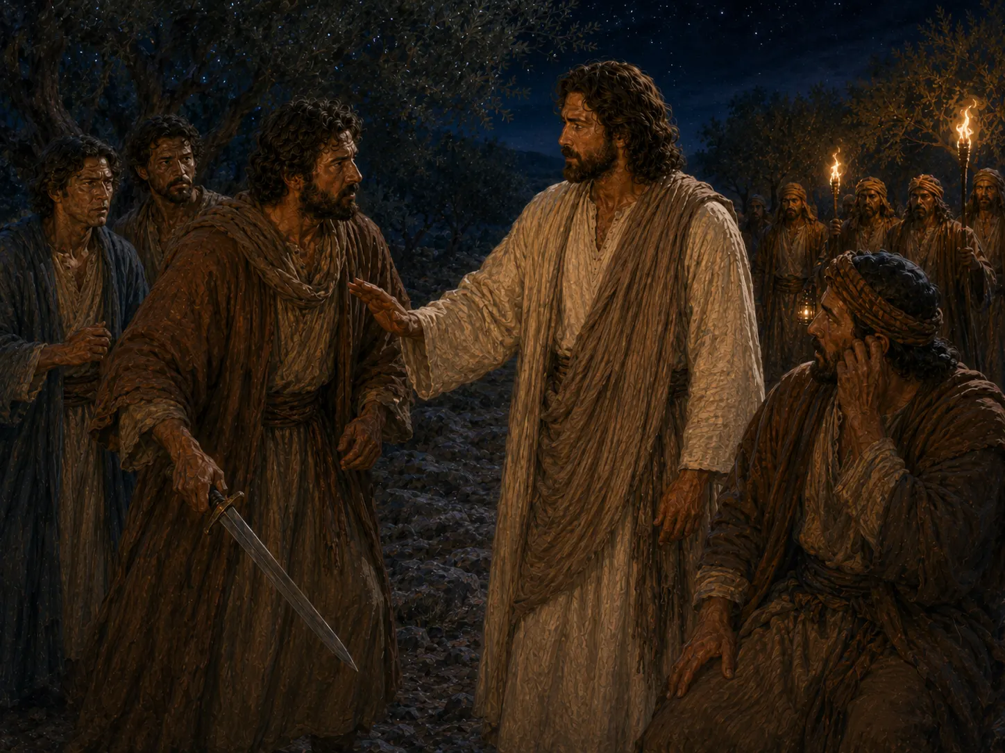 Jesús detiene a Pedro después de que el siervo fue herido, mientras el grupo que vino a arrestarlo observa en el huerto.