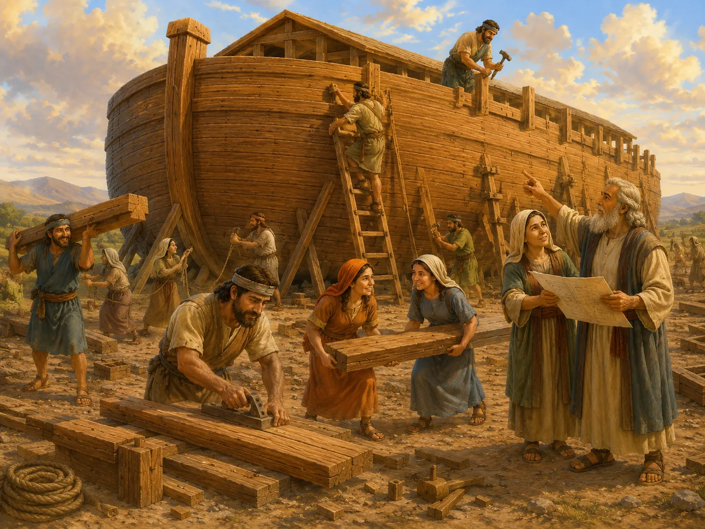 Noé y su familia trabajan juntos en la enorme arca de madera.